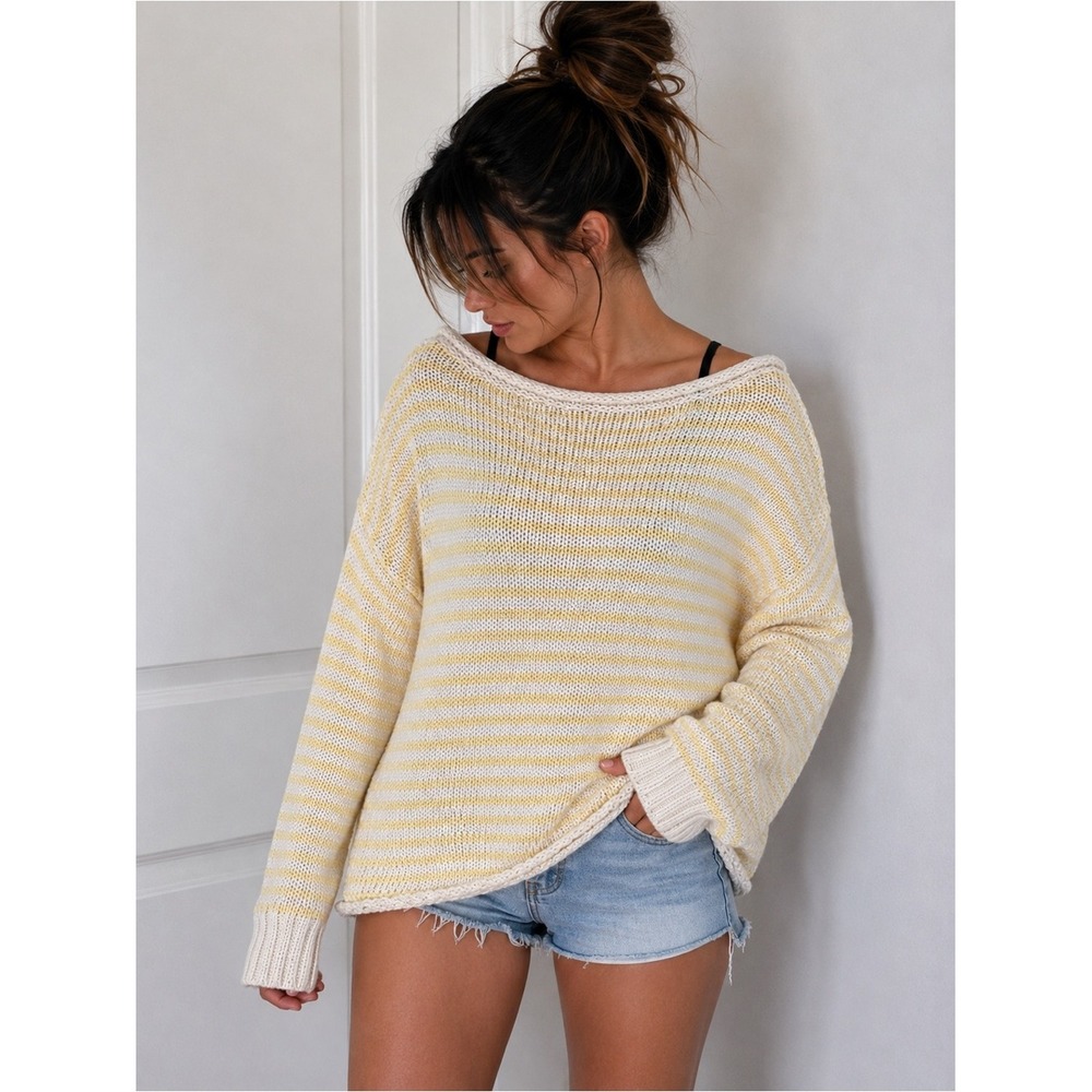Wild Fable Yellow White Striped Knit Sweater XS NWT Flawed